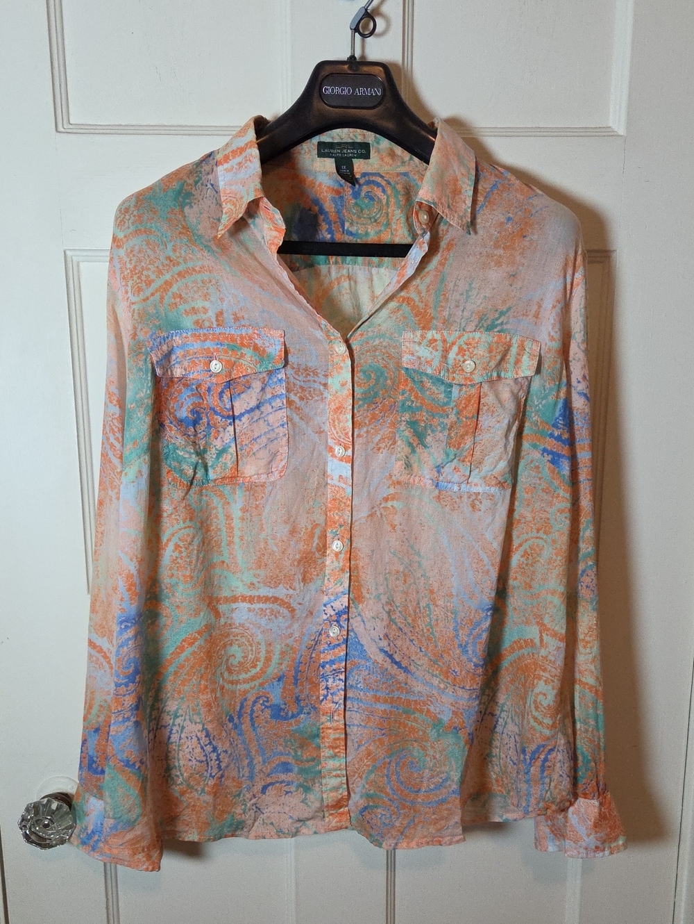 LRL Lauren Jeans Paisley Long Sleeve Blouse Button Up Roll Tab Sleeve Size 1X